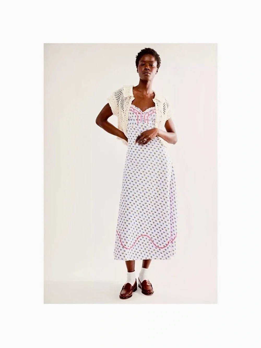Free People White Midi Dress with Blue Floral Print and Pink Trim